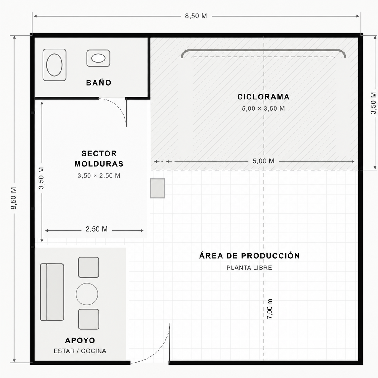 Plano cenital de Kong Estudio con las dimensiones del espacio, ciclorama, sector molduras, baño, área de apoyo y área de producción